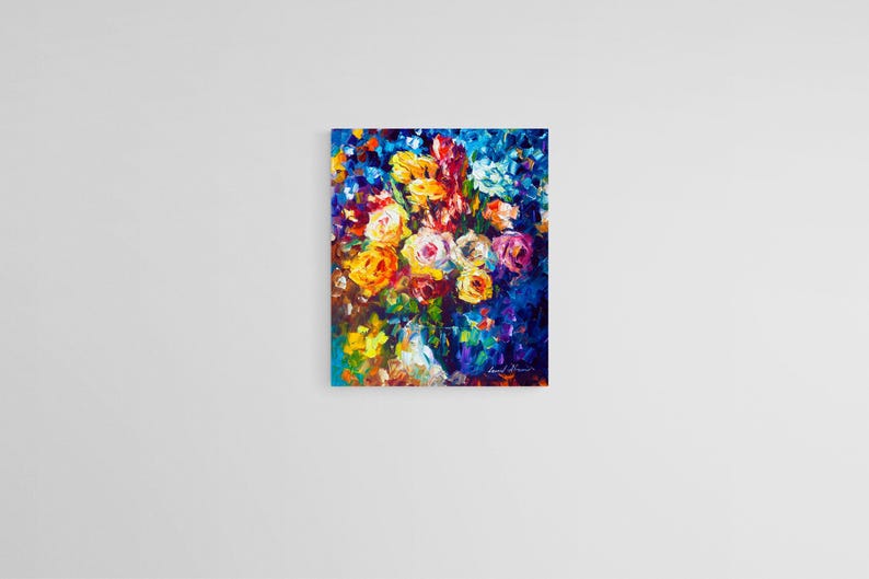 May include: A vibrant floral painting featuring a bouquet of roses in shades of yellow, orange, pink, and white against a deep blue background. The artwork showcases an impressionistic style with visible brushstrokes, creating a textured effect. Signed in the lower right corner.