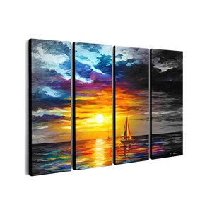 May include: A four-panel canvas art piece depicting a sunset over the ocean. The sky transitions from blue to orange and yellow, with a bright sun. A sailboat is visible on the water, reflecting the sunset's colors. The last panel is in grayscale.