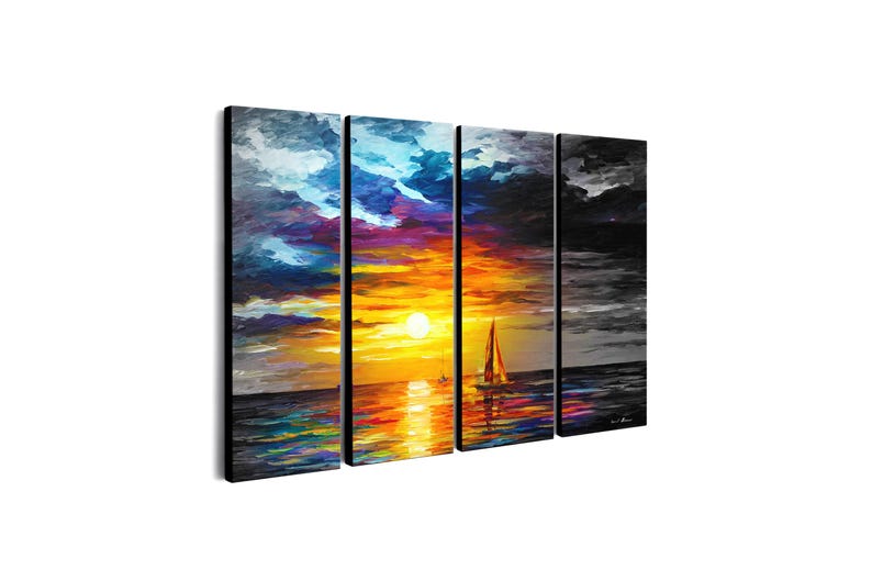 May include: A four-panel canvas art piece depicting a sunset over the ocean. The sky transitions from blue to orange and yellow, with a bright sun. A sailboat is visible on the water, reflecting the sunset's colors. The last panel is in grayscale.