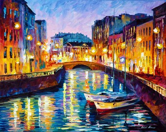 Evening River Cityscape, Home Decor Canvas Print, Serene Night Lights, Waterfront Artwork, Tranquil Urban Scene, By Leonid Afremov Studio