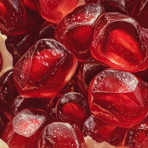 Op de afbeelding: Close-up van een cluster van rijpe granaatappelzaden. De zaden hebben een dieprode kleur met een glanzend, doorschijnend uiterlijk. De afbeelding benadrukt de textuur en details van de vrucht, waarbij sommige zaden licht reflecteren.