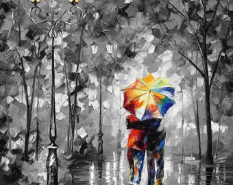 Monochrome Couple Oil Painting, Romantic Umbrella Art, Canvas Wall Decor, Love-inspired Artwork, Rainy Scene by Leonid Afremov Studio