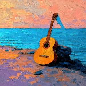 Puede incluir: Pintura al óleo de una guitarra clásica en la playa. La guitarra amarilla y marrón está apoyada en una roca. El mar es azul y el cielo es una mezcla de naranja, rosa y azul, lo que sugiere una puesta de sol.