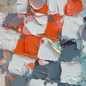 May include: Abstract oil painting with a textured surface. The artwork features a mosaic of square brushstrokes in shades of white, orange, gray, and teal. The thick paint application creates a tactile, three-dimensional effect.