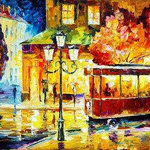 May include: An impressionistic painting of a European city street at night. A red trolley car is lit from within, and a street lamp illuminates the wet cobblestone street. Buildings and trees are rendered in vibrant colors.