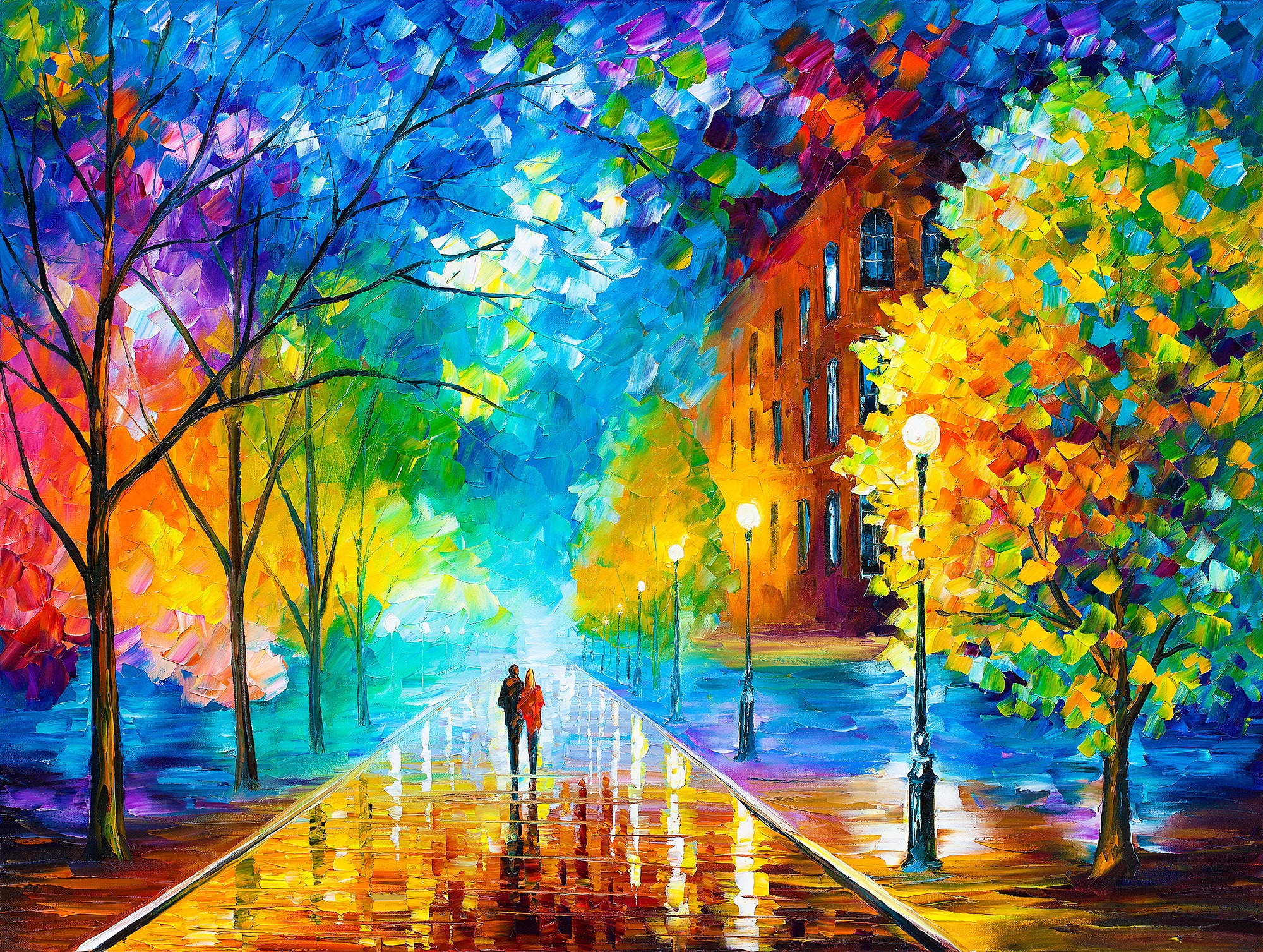 HAPPY STREET — PALETTE KNIFE Oil Painting On Canvas By Leonid Afremov -  Size 30x24