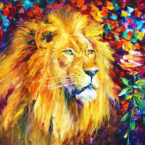 May include: A vibrant oil painting of a lion with a golden mane, set against a colorful background of blues, purples, and oranges. A rose with green leaves is on the right. The artwork uses thick brushstrokes.