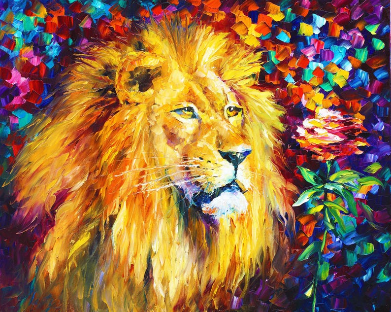 May include: A vibrant oil painting of a lion with a golden mane, set against a colorful background of blues, purples, and oranges. A rose with green leaves is on the right. The artwork uses thick brushstrokes.