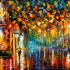 Vibrant Miami Street Canvas Art Print by Leonid Afremov Studio - A Stunning Artwork of Orange and Black-Colored Night Scenery After the Rain