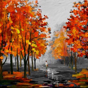 May include: An oil painting depicts a path lined with trees in autumn. The trees have vibrant orange and yellow leaves, contrasting with the gray and black background. A lone figure walks down the path.