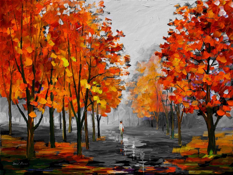 May include: An oil painting depicts a path lined with trees in autumn. The trees have vibrant orange and yellow leaves, contrasting with the gray and black background. A lone figure walks down the path.