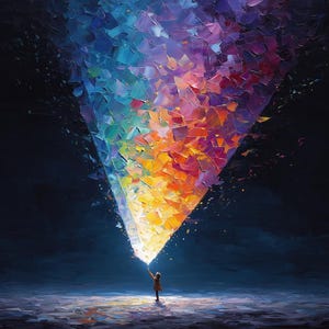 Puede incluir: Pintura abstracta que representa a una persona de pie bajo un haz de luz colorida. La luz, compuesta por pinceladas texturizadas, transita del amarillo al naranja, morado y azul sobre un fondo oscuro. La obra evoca una sensación de asombro.
