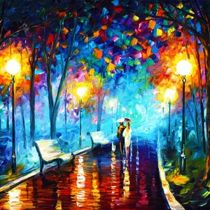 May include: An impressionistic painting of a park scene at night. The artwork features a path with benches, streetlights, and a couple with an umbrella. The color palette includes blues, oranges, and yellows, creating a vibrant and romantic atmosphere.