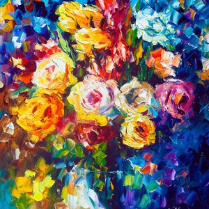 May include: An impressionistic oil painting of a bouquet of roses in shades of yellow, red, pink, and white against a deep blue background. The artwork features thick brushstrokes and a textured appearance.