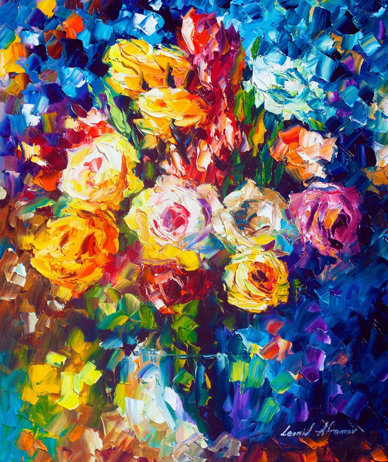May include: An impressionistic oil painting of a bouquet of roses in shades of yellow, red, pink, and white against a deep blue background. The artwork features thick brushstrokes and a textured appearance.