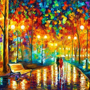 May include: An impressionistic painting of a park scene at night. The artwork features a couple walking under an umbrella on a wet pathway, with vibrant colors of orange, yellow, blue, and purple. Street lamps illuminate the scene.