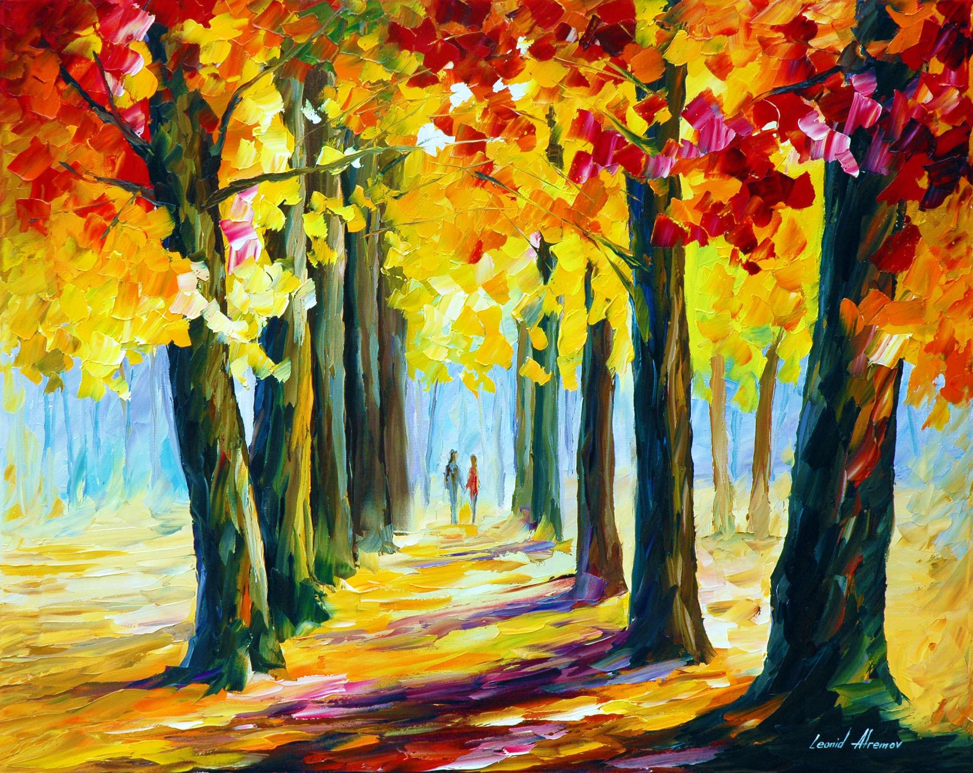 Autumn Oaks Oil Painting, Yellow and Orange Oil Painting on Canvas
