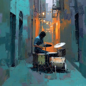 Puede incluir: Pintura abstracta de un baterista tocando en un callejón estrecho. La obra utiliza tonos turquesa, naranja y marrón. El baterista lleva una camisa azul y está sentado en una batería. El callejón está iluminado por luces de cadena.