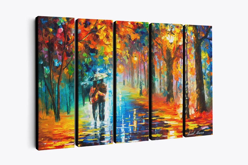 May include: A five-panel canvas art piece depicting a colorful autumn scene. The artwork shows a couple walking under an umbrella on a wet path, surrounded by trees with vibrant orange, yellow, and red leaves. The style is impressionistic.