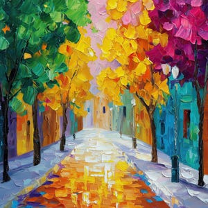 Könnte beinhalten: Ein impressionistisches Ölgemälde einer farbenfrohen Straßenszene. Bäume mit grünen, gelben und violetten Blättern säumen die Seiten einer Kopfsteinpflasterstraße. Gebäude in Blau-, Orange- und Lilatönen bilden eine lebendige Stadtlandschaft.