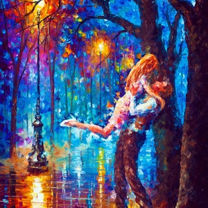 A Blue Park Romance: Leonid Afremov's Beautiful Canvas Art Print of a Loving Couple in the Park image 1