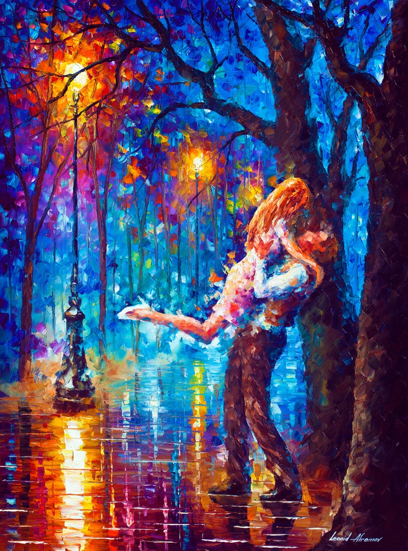 A Blue Park Romance: Leonid Afremov's Beautiful Canvas Art Print of a Loving Couple in the Park image 1