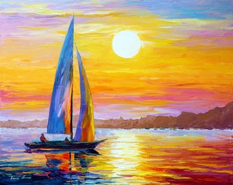 Orange Oil Painting | Seascape Sailboat Art | Ocean Canvas Wall Decor | Nautical Theme by Leonid Afremov Studio