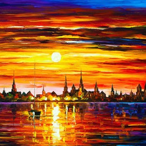 May include: An oil painting depicts a vibrant sunset over a city skyline. The sky blends orange, yellow, and purple hues, with a bright sun. The city's silhouette is dark against the colorful sky, and the water reflects the sunset's colors.