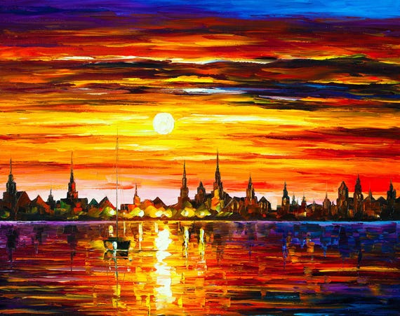 Oil Painting Barcelona Skyline, Warm Sunset Wall Art, Chic Home Decoration, Spain Artwork on Canvas By Leonid Afremov Studio