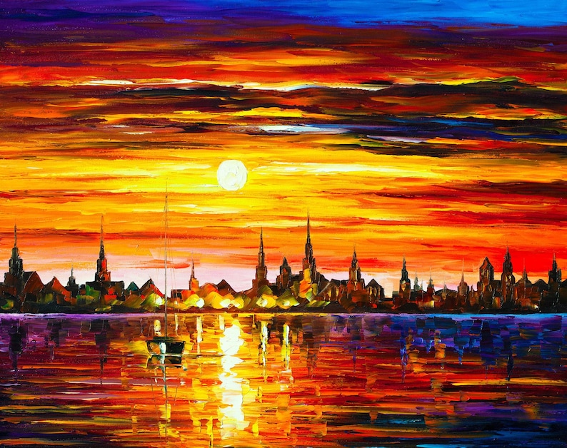 May include: An oil painting depicts a vibrant sunset over a city skyline. The sky blends orange, yellow, and purple hues, with a bright sun. The city's silhouette is dark against the colorful sky, and the water reflects the sunset's colors.