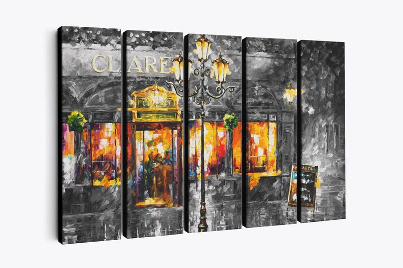 Cafe Wall Art | 4 Panels Cityscape Oil painting | Multi Panel Canvas art by Leonid Afremov Studio Set of 5 Panels
