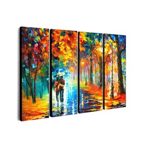 May include: A four-panel canvas art piece depicting a vibrant, impressionistic scene of a couple walking under an umbrella in a park. The artwork features a colorful palette of orange, yellow, blue, and green, with a lamppost and trees lining the path.