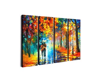 May include: A four-panel canvas artwork showing an impressionistic park scene with a couple under an umbrella. The painting uses a vivid palette of orange, yellow, blue, and green. A lamppost and trees line the path, creating a colourful, atmospheric image.