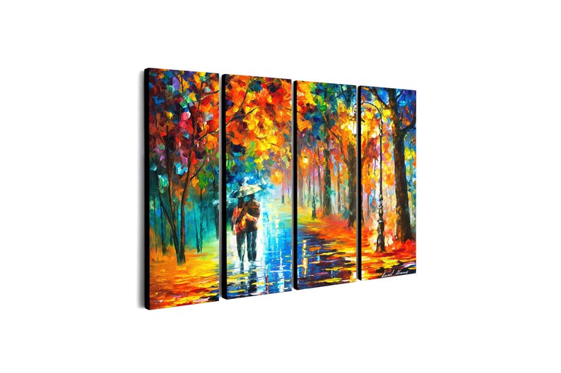May include: A four-panel canvas art piece depicting a vibrant, impressionistic scene of a couple walking under an umbrella in a park. The artwork features a colorful palette of orange, yellow, blue, and green, with a lamppost and trees lining the path.