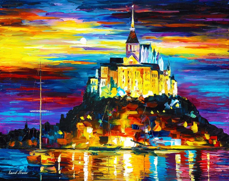 Pode incluir: Pintura a &oacute;leo de um castelo numa colina ao p&ocirc;r do sol. O c&eacute;u &eacute; uma mistura de tons amarelos, laranja e roxos. O castelo &eacute; iluminado com luz quente, e h&aacute; veleiros na &aacute;gua abaixo. A assinatura do artista est&aacute; no canto inferior esquerdo.