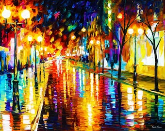 Colorful Night Street, Wall Artwork, Bathroom Decor, Textured Oil painting, Leonid Afremov Studio