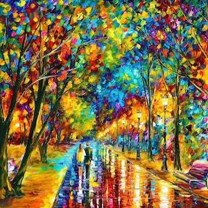 May include: A vibrant oil painting depicts a couple strolling along a wet pathway lined with trees. The trees' foliage bursts with colorful brushstrokes of red, yellow, blue, and green. Street lamps illuminate the scene, reflecting in the wet pavement.