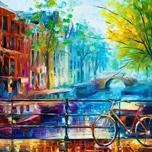 May include: An impressionistic painting of a European canal scene. A red bicycle is parked on the edge of the canal, with a bridge in the background. Buildings in shades of orange, blue, and green line the canal.