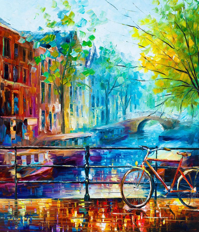 May include: An impressionistic painting of a European canal scene. A red bicycle is parked on the edge of the canal, with a bridge in the background. Buildings in shades of orange, blue, and green line the canal.