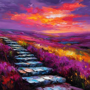 Puede incluir: Pintura al óleo de un paisaje con una escalera de piedra que sube una colina. La escena presenta una vibrante puesta de sol con tonos púrpuras y naranjas, y un campo de flores moradas.