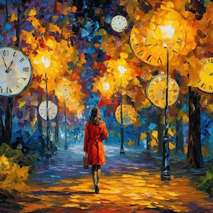 May include: An impressionistic painting of a woman walking down a path lined with lampposts and clocks. The scene is bathed in warm, golden light, with vibrant orange and yellow foliage. The woman wears a red coat.