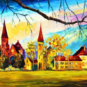 May include: An impressionistic painting of a European village with a church and buildings. The artwork features a vibrant colour palette of reds, yellows, and blues, with a focus on the architecture and natural landscape. The painting is signed in the bottom right corner.
