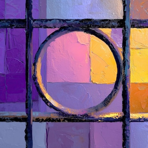 May include: Abstract oil painting with a textured surface. The artwork features a dark, circular shape intersecting with vertical and horizontal lines, creating a grid-like structure. The background is composed of blocks of purple, pink, yellow, and orange.