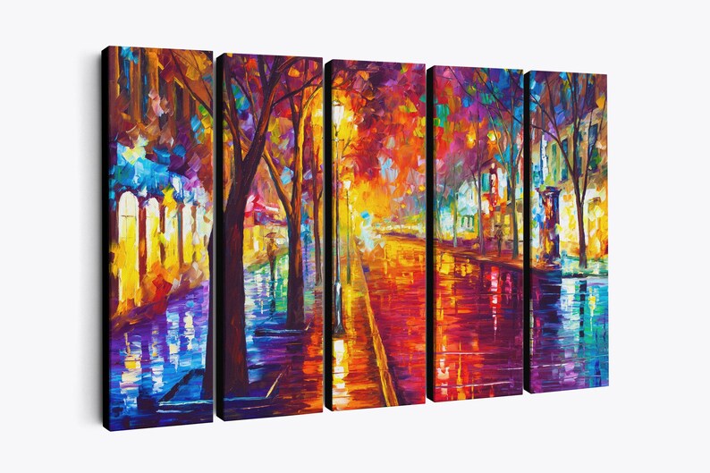 May include: A five-panel canvas art piece depicting a vibrant, impressionistic street scene. The artwork features a colorful, wet street reflecting the lights of buildings and trees, with a palette of blues, yellows, and reds.