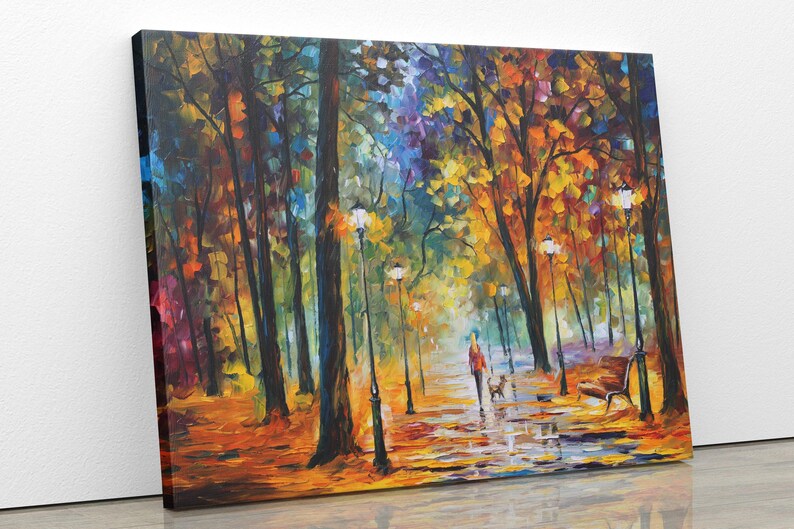 May include: A vibrant oil painting depicts a park scene in autumn. A person walks a dog along a wet path lined with lampposts and benches. The trees display a mix of orange, yellow, and red foliage.