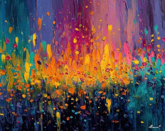 Peut inclure: Peinture à l'huile abstraite aux couleurs vives. L'œuvre présente des coups de pinceau verticaux dans les tons de bleu, sarcelle, orange, jaune et violet. De petits points colorés sont dispersés dans la composition, créant un effet dynamique et texturé.