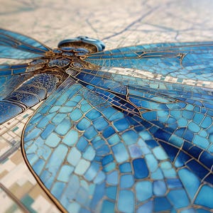 Puede incluir: Primer plano de una libélula de mosaico con detalles intrincados. Las alas presentan un degradado de tonos azules, de claro a oscuro, con contornos dorados. El cuerpo de la libélula es de un azul más oscuro, con efecto mosaico.