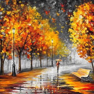 Puede incluir: Pintura al &oacute;leo de una escena de parque en oto&ntilde;o. Los &aacute;rboles con hojas de color naranja y amarillo brillante bordean un camino, iluminado por farolas. Una persona con un paraguas camina por un camino mojado, con un banco cerca.