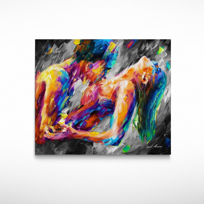 May include: A vibrant, abstract painting depicting two figures in an embrace. The artwork uses a palette of bright colors, including blues, yellows, oranges, and purples, against a gray and black background. The figures are intertwined, suggesting intimacy and connection.