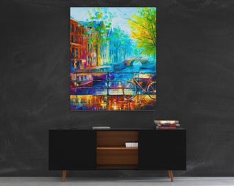 Bicycle Amsterdam - Amsterdam Wall Art • Holland Fine• European Cityscape On Canvas • Wall decor Oil on canvas by Leonid Afremov